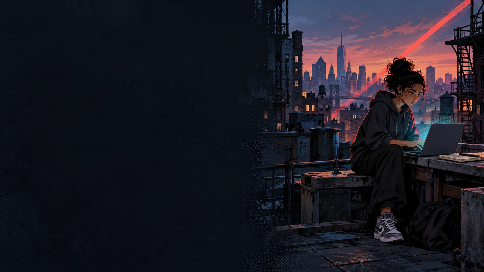 Comic-style learner working on a laptop on a quiet city rooftop