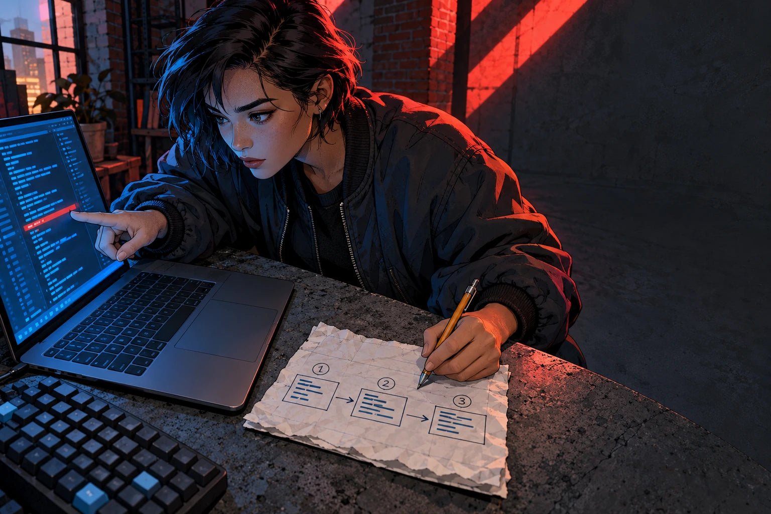 A learner traces a highlighted programming error and records the steps in a notebook