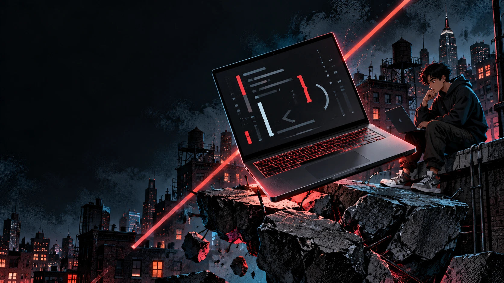 Comic-style learner and a graphite laptop above a neon-lit city rooftop