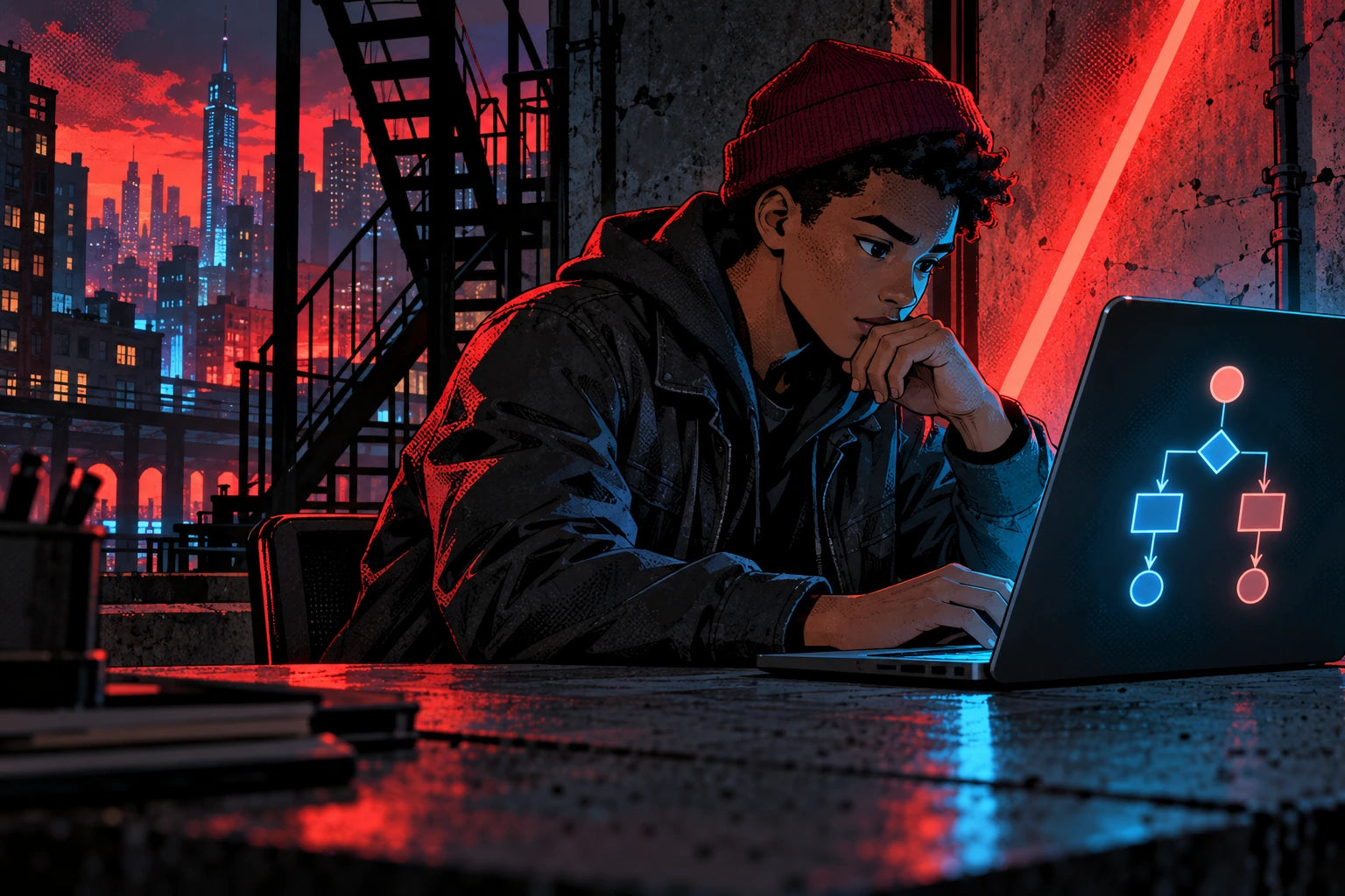 A streetwear learner studies a simple branching logic diagram on a laptop