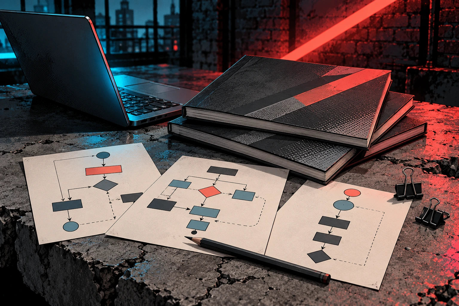 Learning booklets and programming worksheets arranged on a concrete desk
